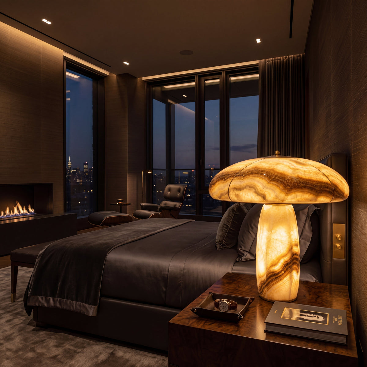 Golden Aura d’Onyx masa lambası şehir manzaralı yatak odasında gece
