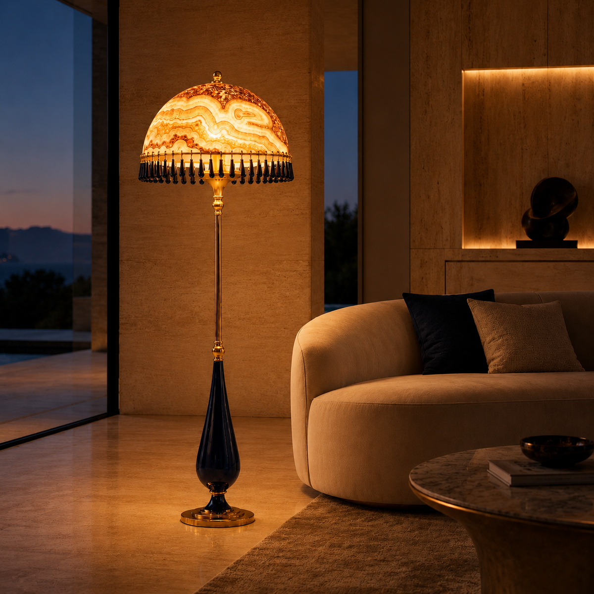 Maison d’Onyx 02 oniks lambader, deniz manzaralı salonda, gece