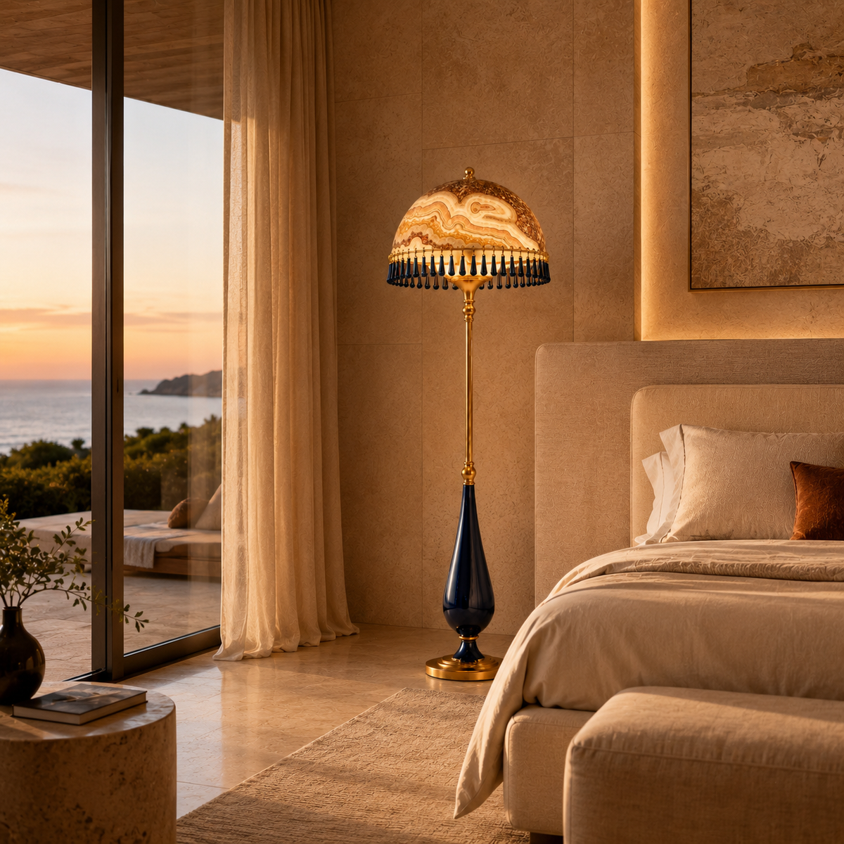 Maison d’Onyx 02 oniks lambader, deniz manzaralı yatak odasında