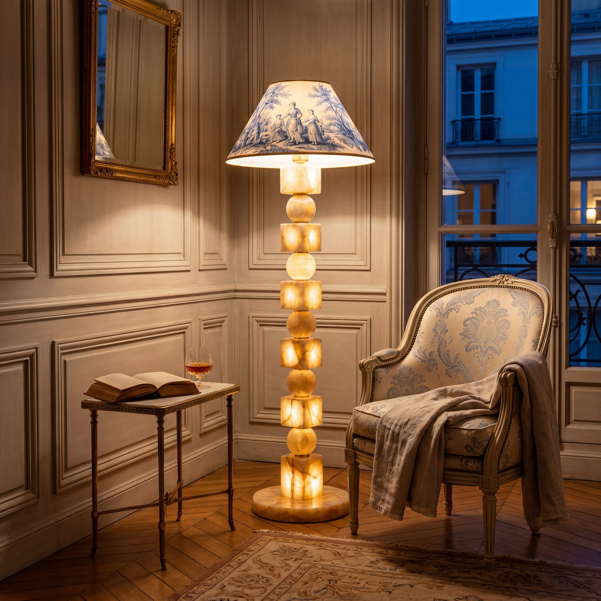 Maison Bleu d’Onyx oniks lambader, Paris dairesinde, akşam
