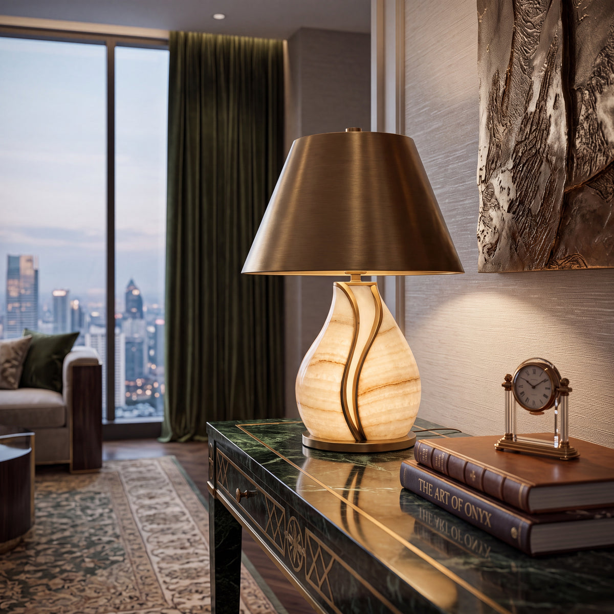 Luma Curve d’Onyx oniks abajur, şehir manzaralı çalışma masasında