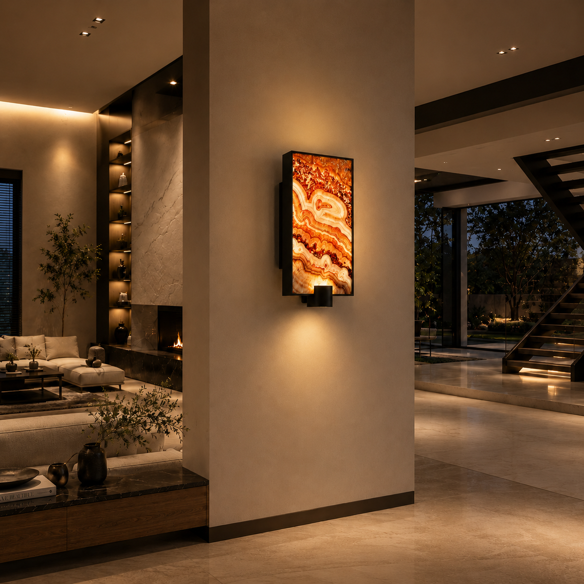 Terra d’Onyx oniks duvar apliği, modern evin salonunda, gece