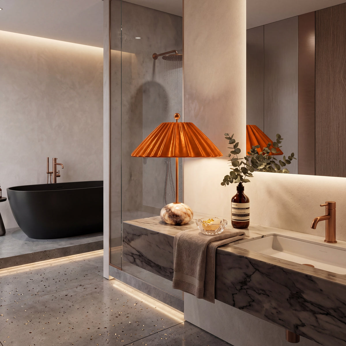 Flare d’Onyx oniks lamba, mermer banyo tezgâhında