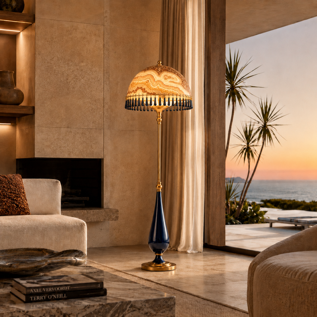 Maison d’Onyx 02 oniks lambader, deniz manzaralı salonda, gün batımı