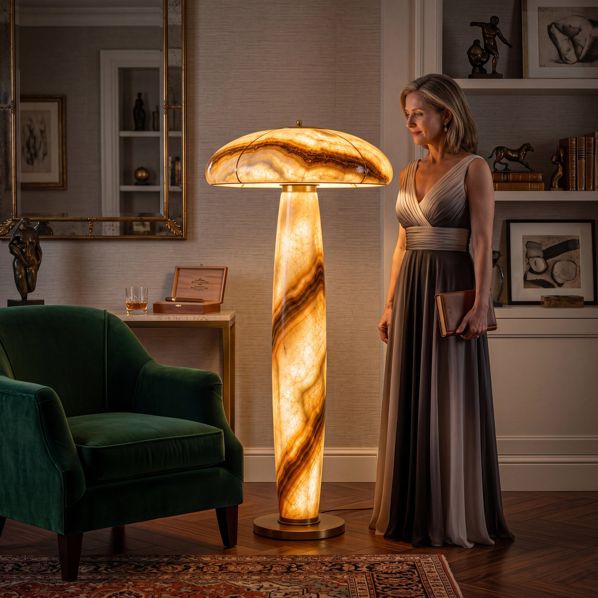 Golden Aura d’Onyx oniks lambader, klasik okuma odasında