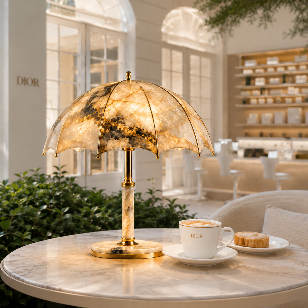 Ombrelle d’Onyx şemsiye abajur, butik kafe masasında
