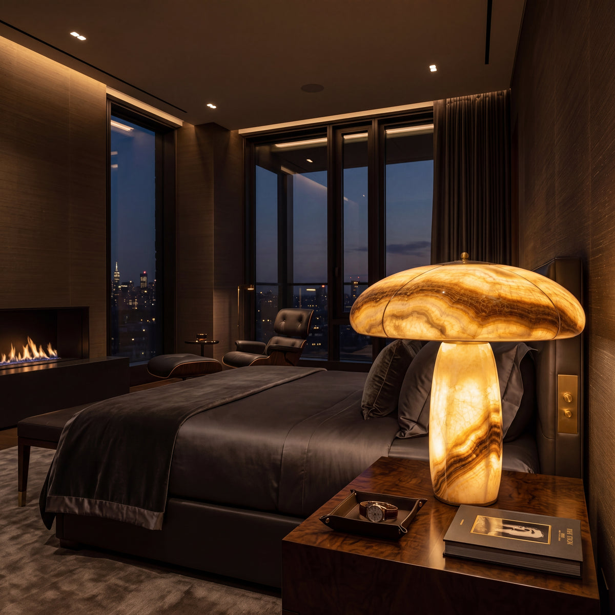 Golden Aura d’Onyx masa lambası, şehir manzaralı yatak odasında gece